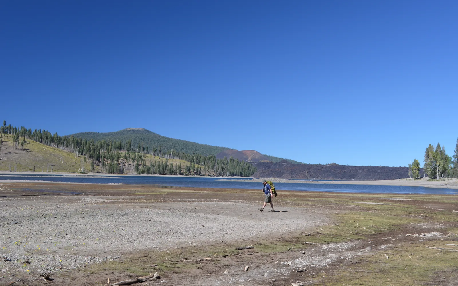 A backpacker standing on the shoreline of Snag Lake with forest and water surrounding them in Lassen Volcanic National Park
